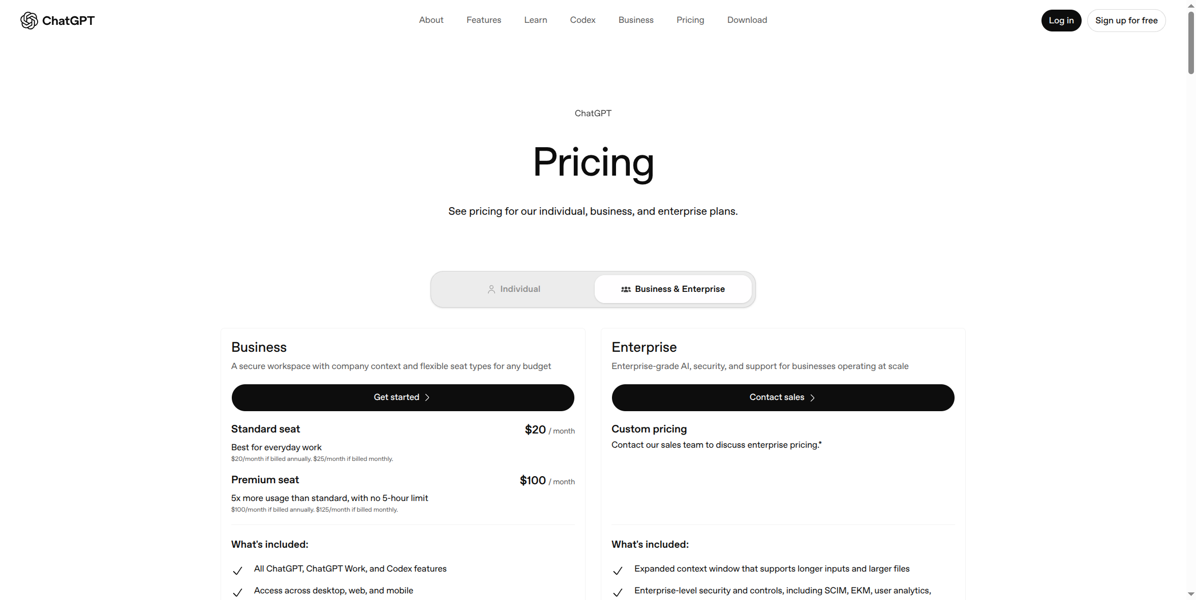 ChatGPT's pricing page, Business and Enterprise plans shown side by side