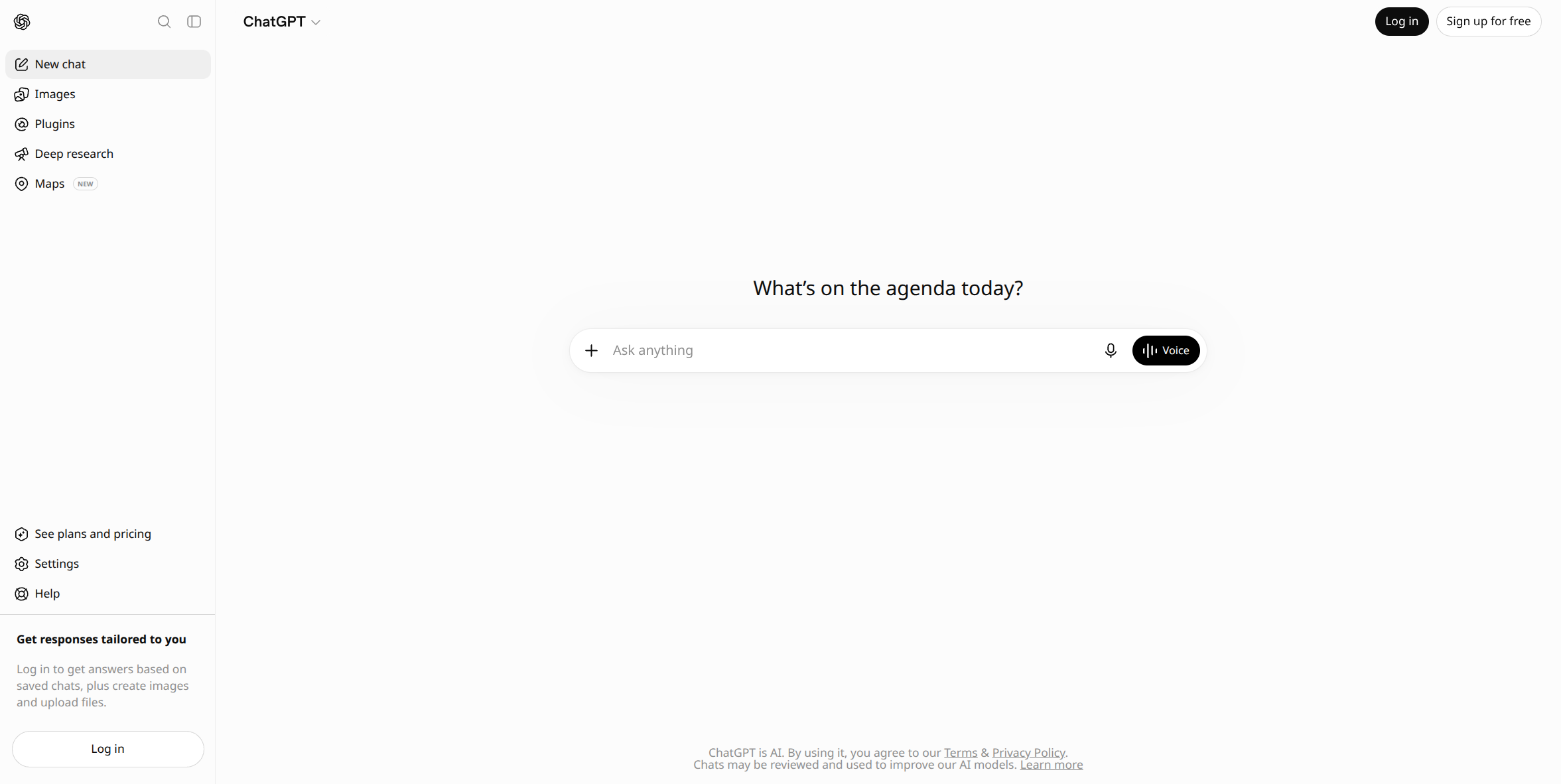 ChatGPT's actual logged-out interface, showing the sidebar tools and the "Ask anything" input