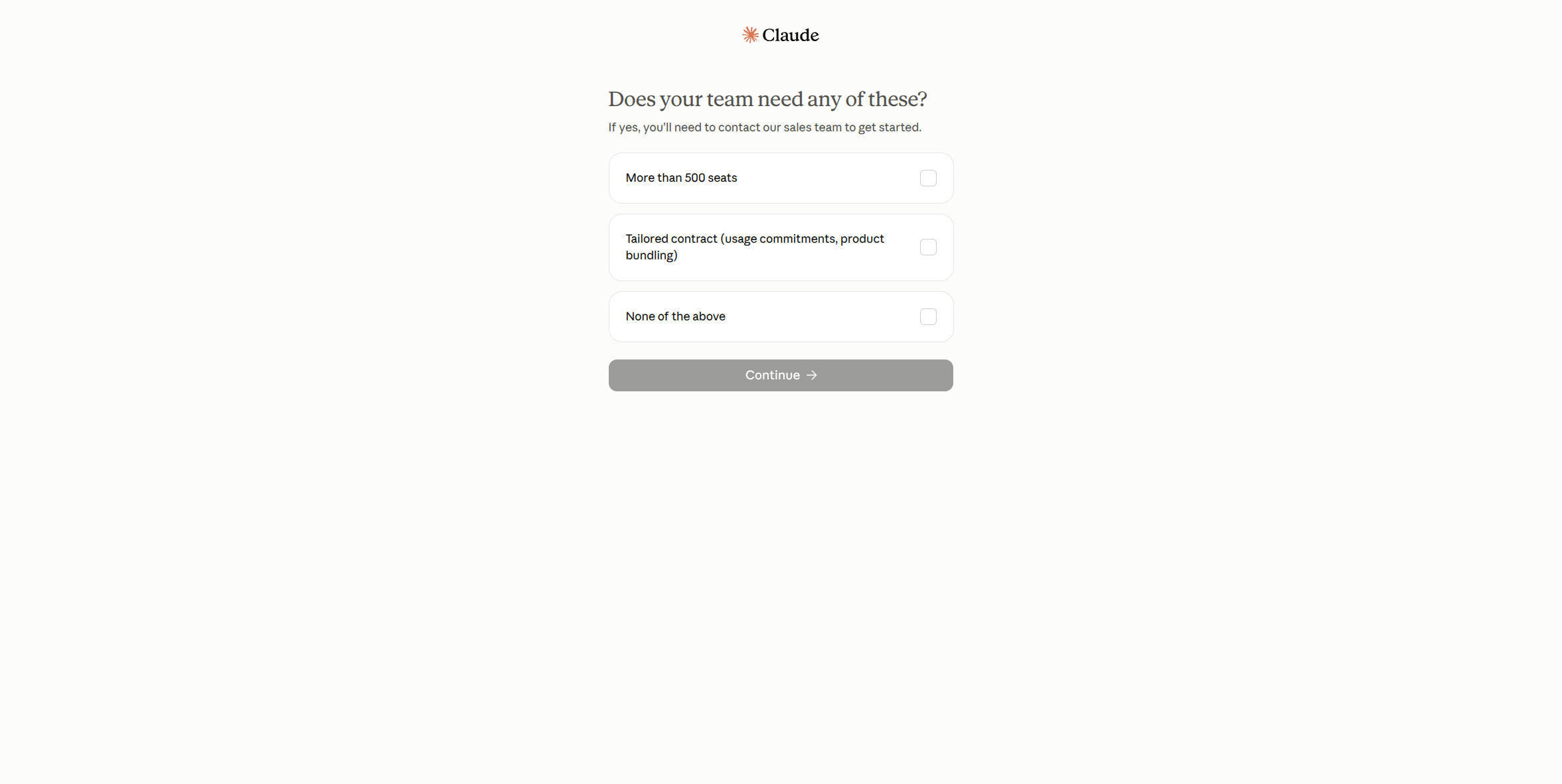 Claude's self-serve Enterprise qualifying screen, asking whether the team needs more than 500 seats or a tailored contract