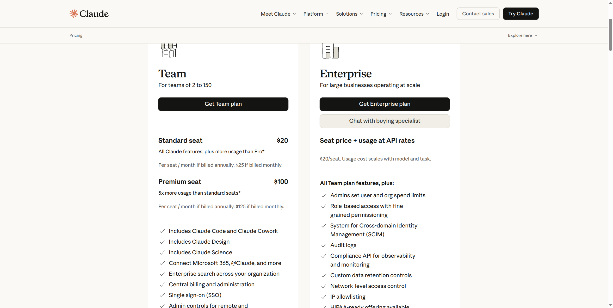 Claude's pricing page comparing the Team and Enterprise plans side by side