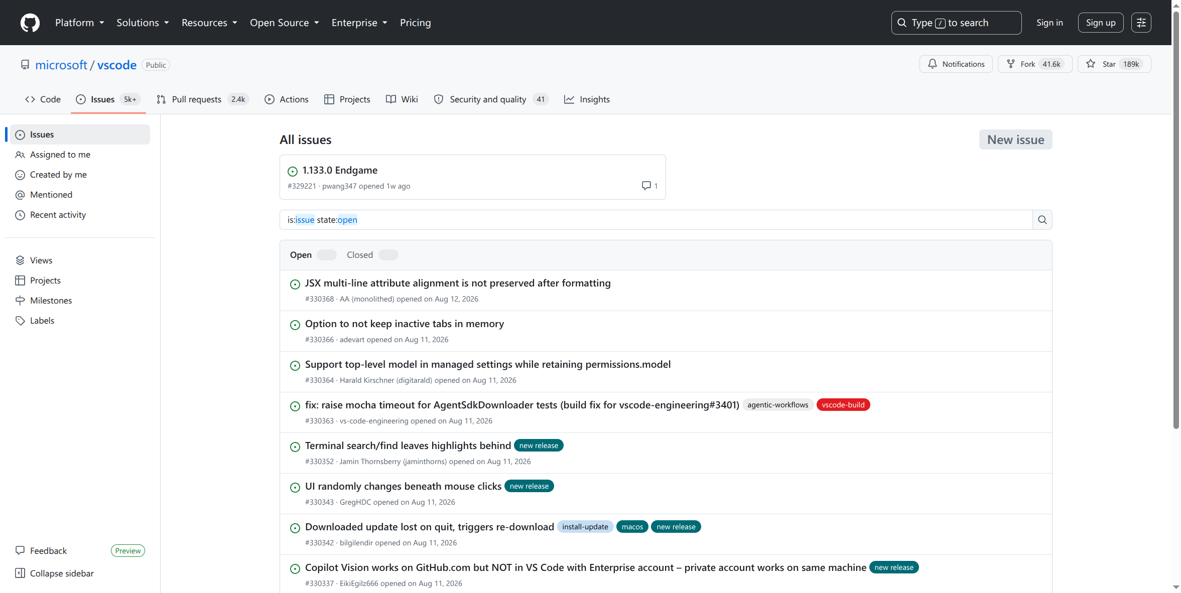 A real GitHub Issues list, showing open issues with labels and assignment status