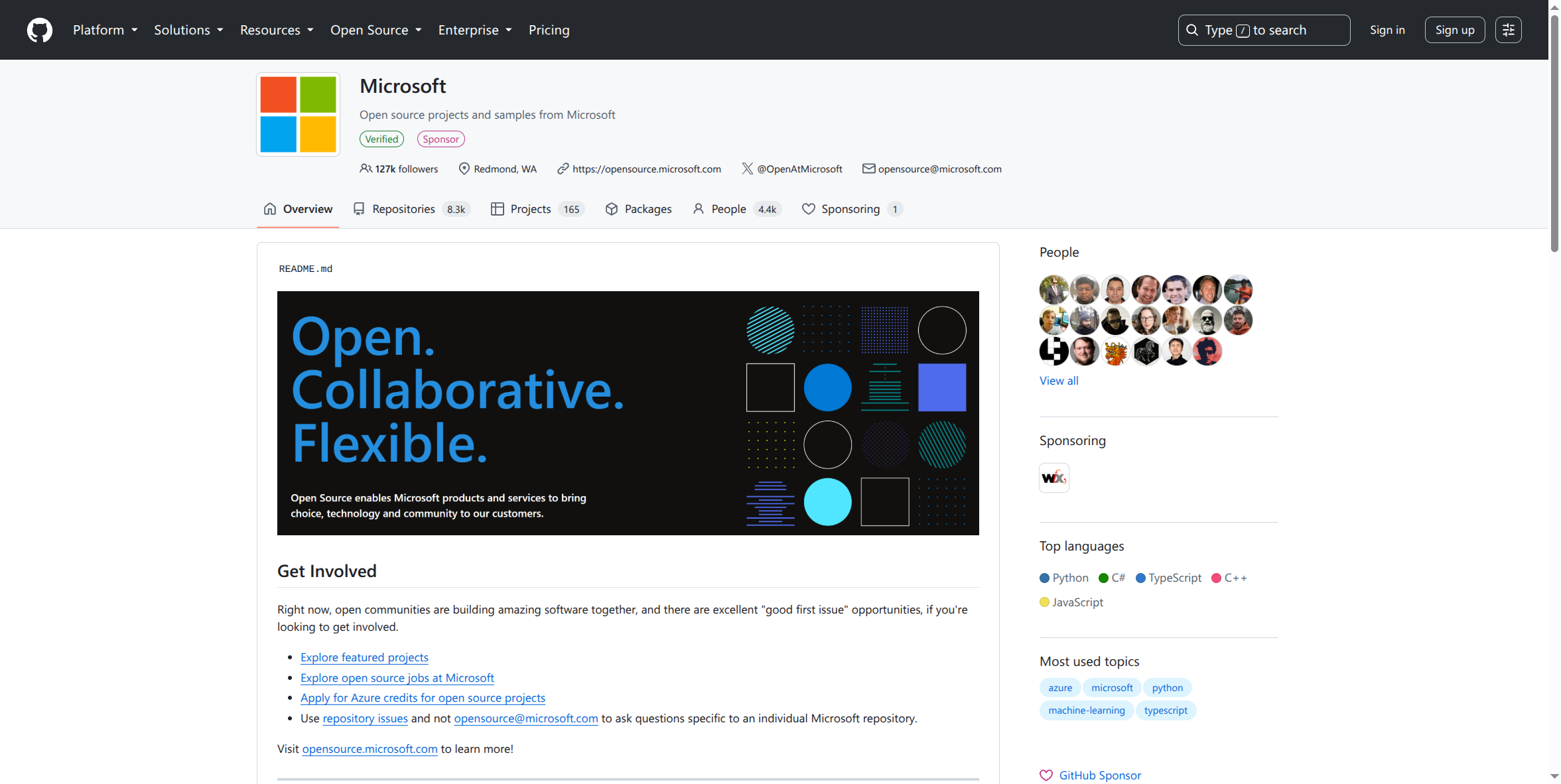 A real GitHub Organization page, showing its public repositories and people