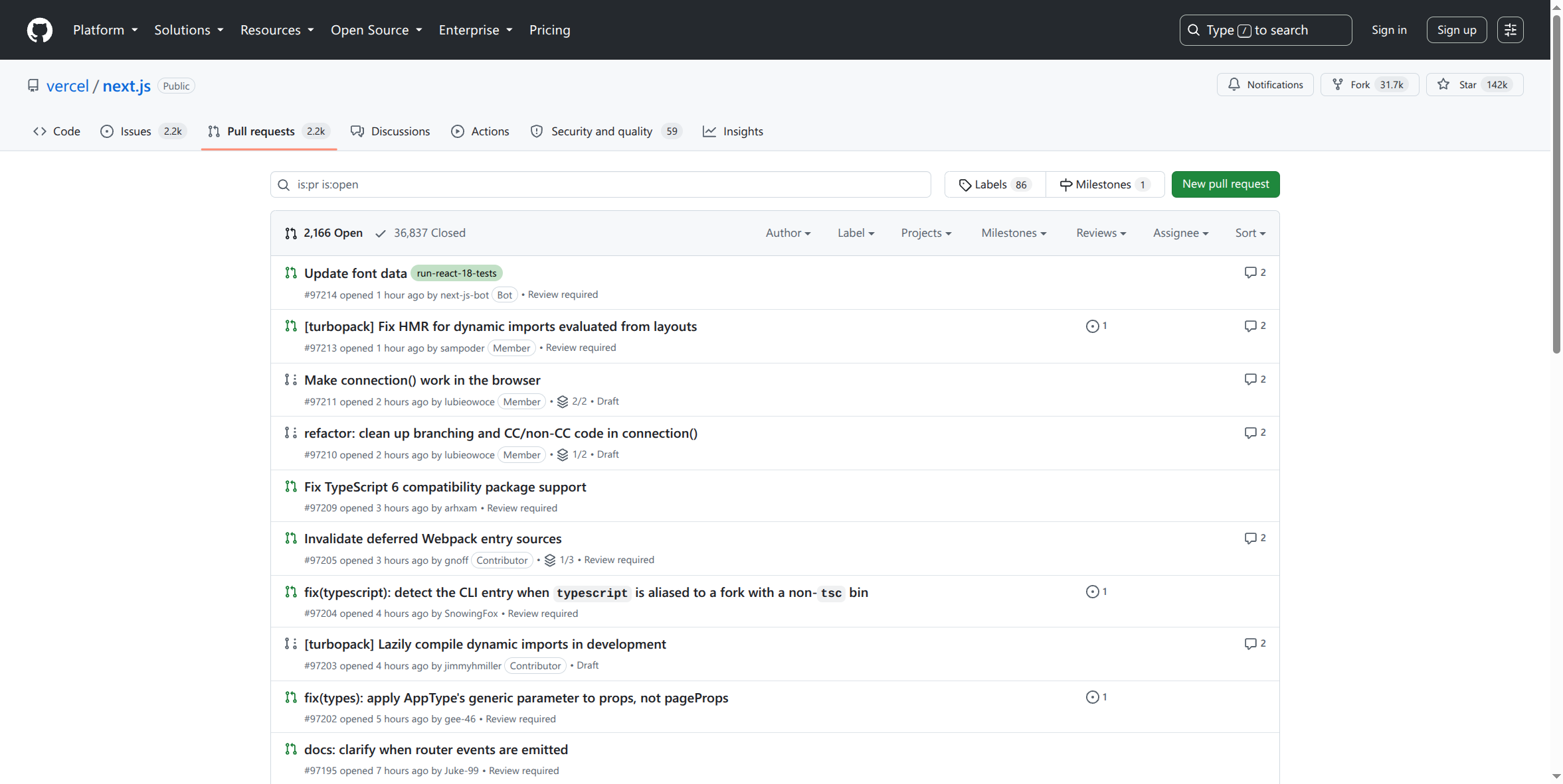 A real GitHub pull request list, showing open PRs with review status, labels, and draft indicators