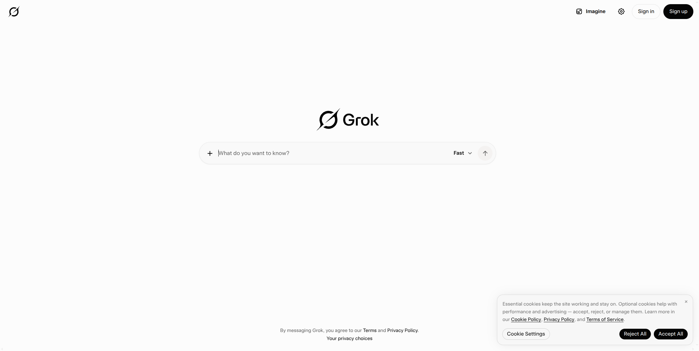 Grok's actual logged-out interface at grok.com