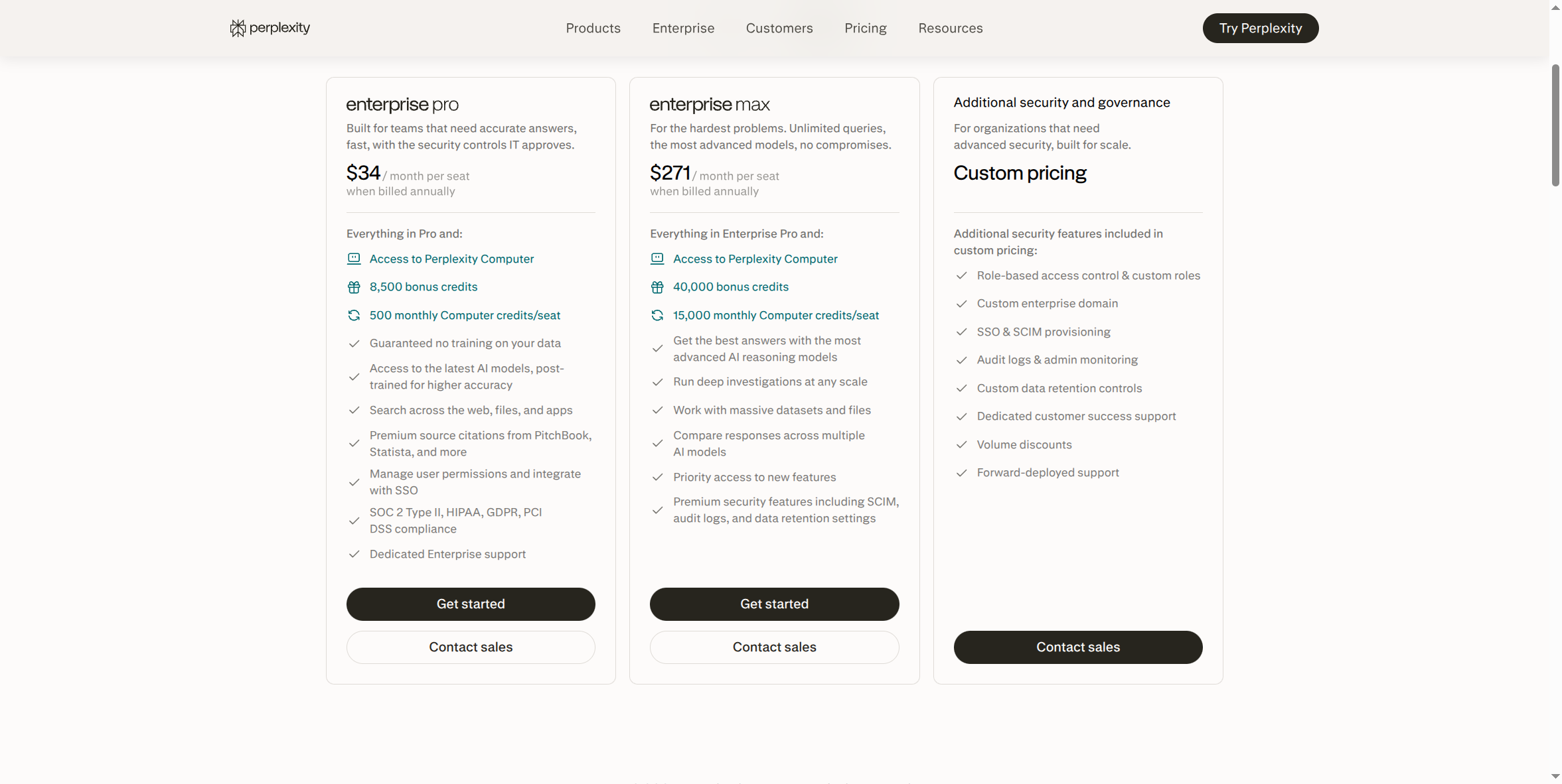 Perplexity's Enterprise pricing page comparing Enterprise Pro, Enterprise Max, and the separately-priced governance add-on