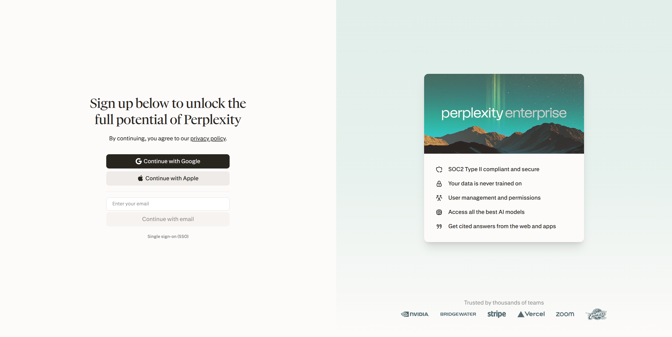 Perplexity's Enterprise-branded signup panel, reached from the "Get started" link on the Enterprise pricing tier